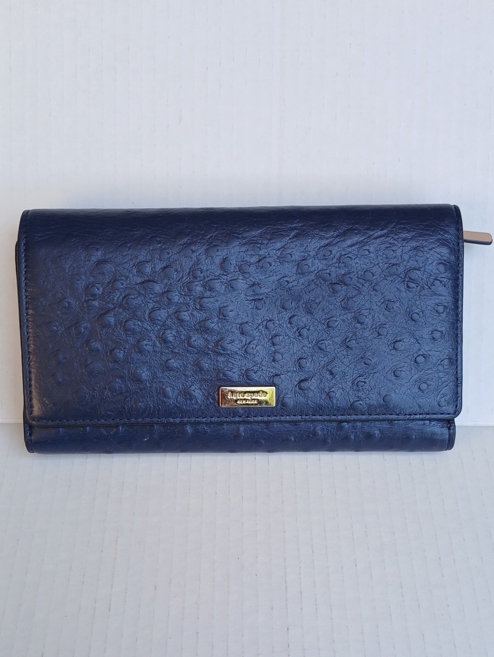 Kate Spade Navy Blue Wallet Ostrich Embossed Clutch Flap Snap Leather Wallet